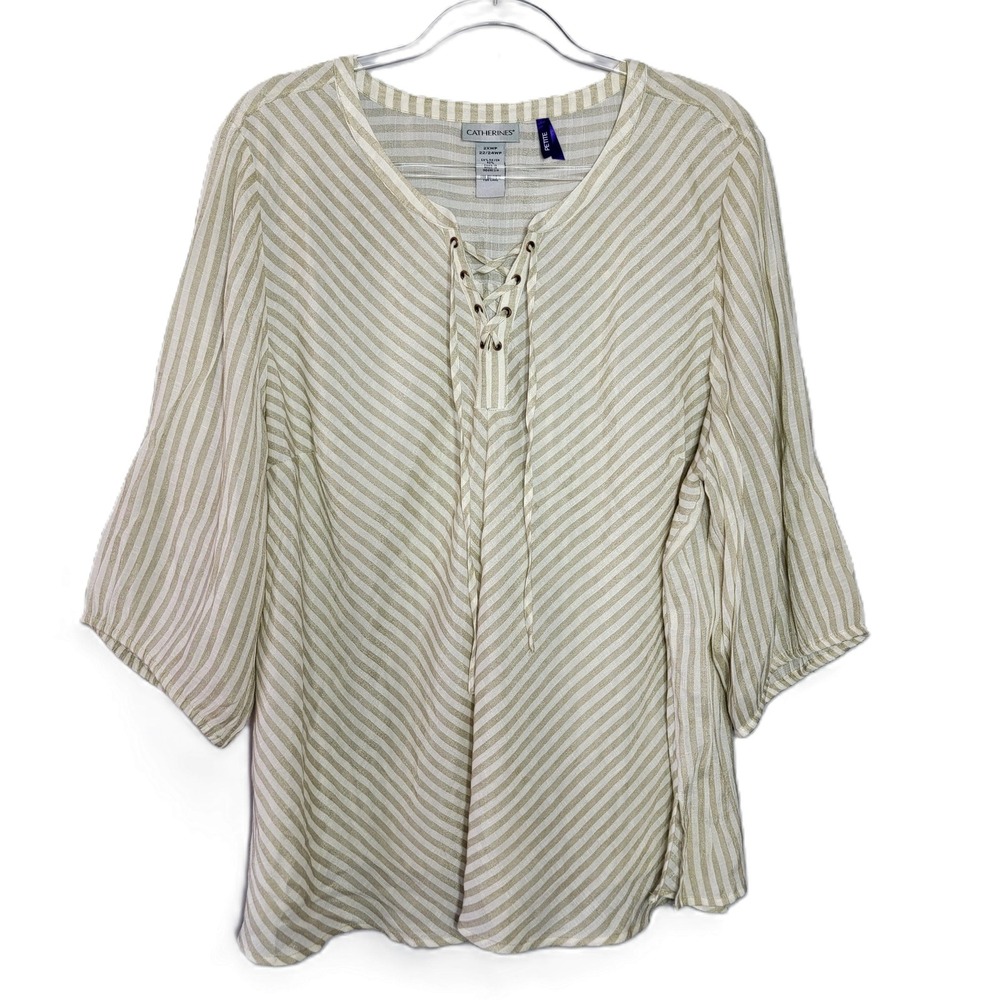 Catherines Petite Plus Size 2XWP Rayon‎ Blend Striped Lace Up V Neck Tunic Top